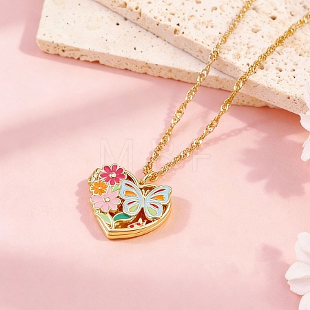 Brass Colorful Enamel Hollow Flower Butterfly Heart Locket Pendant Necklaces for Women WG264A9-01-1