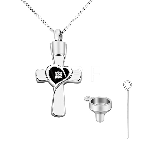 Rhinestone Cross with Heart Urn Ashes Necklace BOTT-PW0011-01D-1
