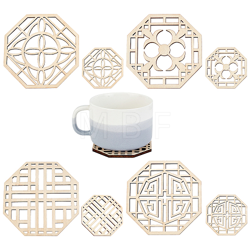 SUPERFINDINGS 8Pcs 4 Style Octagon Wooden Carved Cup Mats WOOD-FH0001-97-1