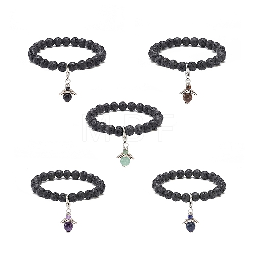 Natural Lava Rock & Gemstone Stretch Bracelet with Alloy Fairy Charms BJEW-JB08730-1