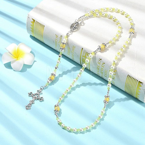 Cross & Virgin Mary Alloy Rosary Bead Necklaces NJEW-JN05123-05-1