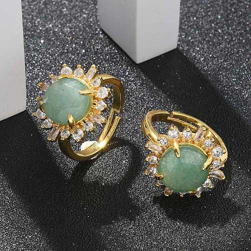 Sunflower Natural Green Aventurine Finger Rings RJEW-B113-03G-03-1