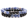 2Pcs 2 Styles Natural Blue Spot Jasper & Lava Rock Round Beaded Stretch Bracelets for Couple FS-WGA2A2E-09-1