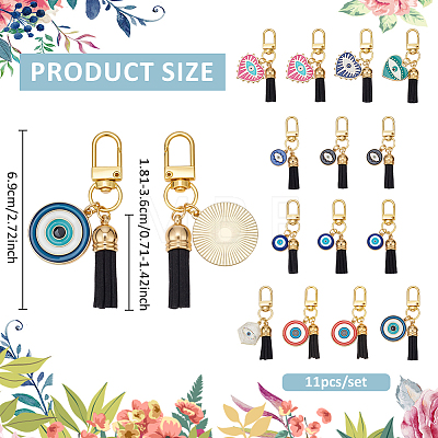 11Pcs Evil Eye Theme Alloy Enamel & Faux Suede Tassel Pendant Decorations HJEW-NB00337-1