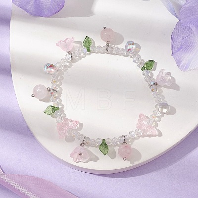 Natural Rose Quartz & Glass Beaded Stretch Bracelet with Flower Charms BJEW-JB10176-02-1