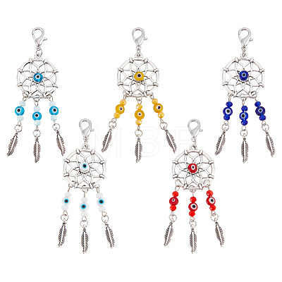  12Pcs Woven Net/Web with Feather Tibetan Style Alloy Pendant Decorations HJEW-NB0001-72-1