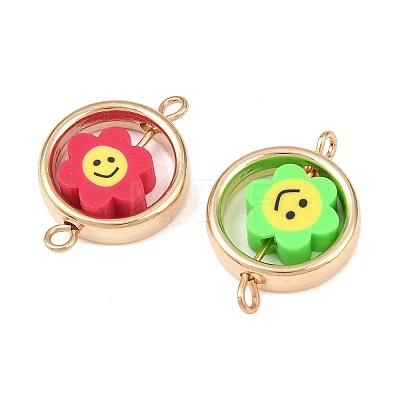 CCB Plastic Frame with Polymer Clay Smiling Face Flower Beads Flat Round Links Connector Charms KK-D103-10B-G-1