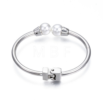ABS Plastic Pearl Round Beaded Open Cuff Bangle BJEW-S118-148P-1