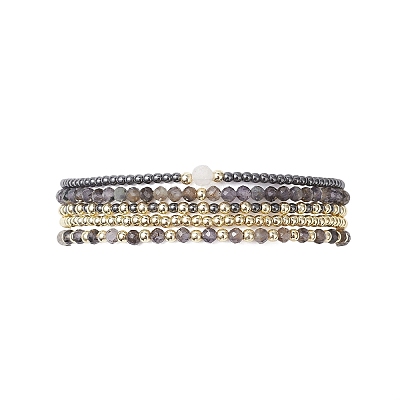 5Pcs 5 Styles Natural Rainbow Moonstone & Iolite & Non-magnetic Synthetic Hematite Beads Bracelets BJEW-JB13090-1