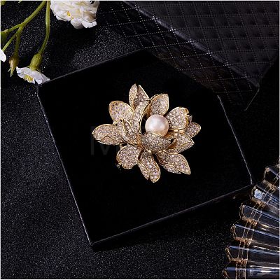 Golden Lotus Flower Brooch Clear Zircon Brooch Pin White Beads Brooches Badge Jewelry for Jackets Backpack Corsage Lapel Scarf Clothing Accessories JBR104A-1