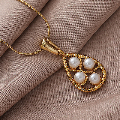 304 Stainless Steel with Imitation Pearl Teardrop Pendant Necklaces for Women BY5835-1