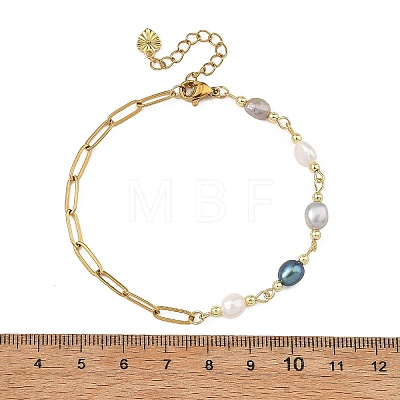 Natural Pearl Two Sides Polished Beaded Chain Bracelets with 304 Stainless Steel Paperclip Chains BJEW-JB14234-03-1