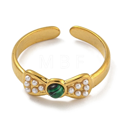 Bowknot Synthetic Malachite & ABS Plastic Imitation Pearl Finger Rings RJEW-U015-04G-1