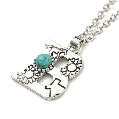 Letter A~Z Antique Silver Plated Alloy with Synthetic Turquoise Pendant Necklace NJEW-G080-01B-1