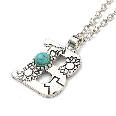 Letter A~Z Antique Silver Plated Alloy with Synthetic Turquoise Pendant Necklaces NJEW-G080-01B-1