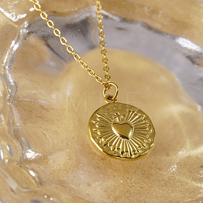 French Style Stainless Steel Flat Round with Cross Sacred Heart Pendant Necklaces for Women JI8984-1-1