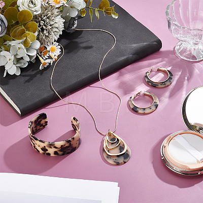 Teardrop Leopard Print Plastic Pendant Necklace & Hoop Earring & Cuff Bangle for Women SJEW-WH0006-10-1