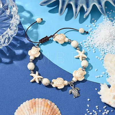 Starfish & Turtle Synthetic Turquoise Braided Beaded Bracelets BJEW-JB10926-02-1