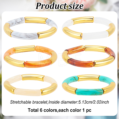 6Pcs 6 Colors Acrylic Curved Tube Beaded Stretch Braceles Set for Women BJEW-AN0001-53-1