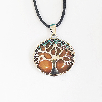 Alloy Pave Natural Tiger Eye Tree of Life Pendant Necklaces LS-KW6501-6-1