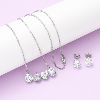 304 Stainless Steel Cubic Zirconia Pendant Necklaces & Stud Earrings for Women SJEW-B022-01P-1
