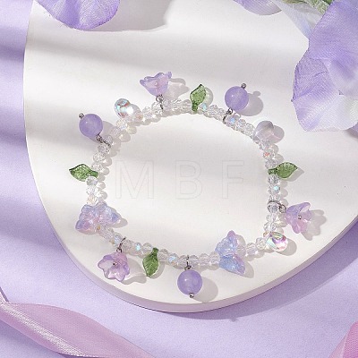 Dyed Natural Malaysia Jade & Glass Beaded Stretch Bracelet with Flower Charms BJEW-JB10176-01-1