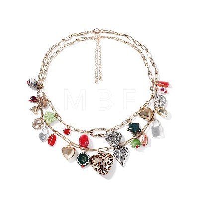 Zinc Alloy & Porcelain & Glass & CCB Plastic Flower Heart Lock Pendant Double Layer Bib Necklaces FS-WGC767F-01-1