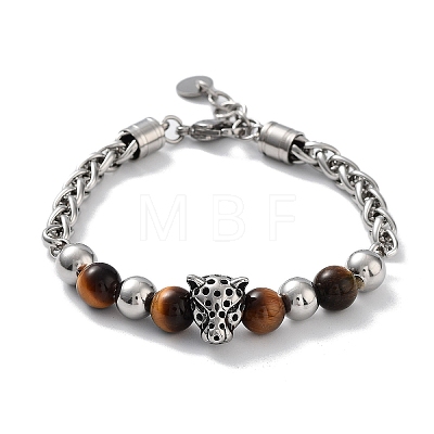Leopard Head Natural Mixed Gemstone Beaded Bracelets with 201 Stainless Steel Lobster Claw Clasps BJEW-Q334-12-1