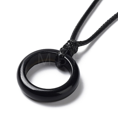 Natural Obsidian Ring Pendant Necklace with Waxed Cords NJEW-R262-01B-10-1