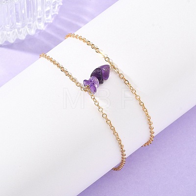 Brass Cable Chains & Natural Amethyst Chip Beads Double Layers Bracelets for Women BJEW-JB14134-03-1