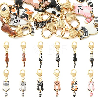 12Pcs 12 Styles Alloy Enamel Cat Shape Pendant Decorations HJEW-YW00488-1