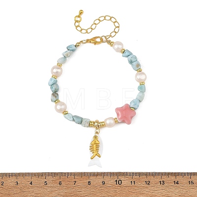 Summer Alloy Fishbone and Natural Shell Fish Charm Bracelets BJEW-JB14438-1