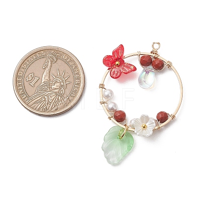 Faceted Round Natural Mixed Stone & Glass Butterfly & Plastic Flower Pendants PALLOY-JF05043-1