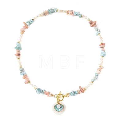 Natural Carved Shell & Alloy Enamel Shell Shape Pendant Necklaces NJEW-JN06513-1