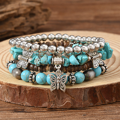 4Pcs Synthetic Turquoise & CCB & Wood Beaded Stretch Bracelets FS-WGC8DBE-10-1