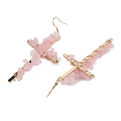 Natural Rose Quartz Cross Dangle Earrings EJEW-Z071-01G-01-1