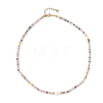 Natural Rhodonite Faceted Rondelle Beaded Necklaces with Natural Pearl Rice Beads NJEW-JN06529-1