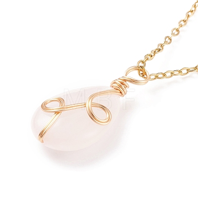 Natural Rose Quartz Teardrop Pendant Necklace NJEW-JN03900-01-1