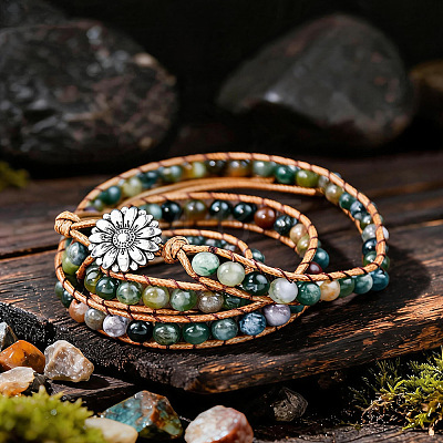 Adjustable Alloy Flower Natural Indian Agate Round Beaded Wrap Bracelets for Women WGB06FC-01-1