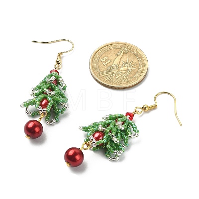 MIYUKI Delica Beaded Christmas Tree with Glass Pearl Dangle Earrings EJEW-MZ00090-1