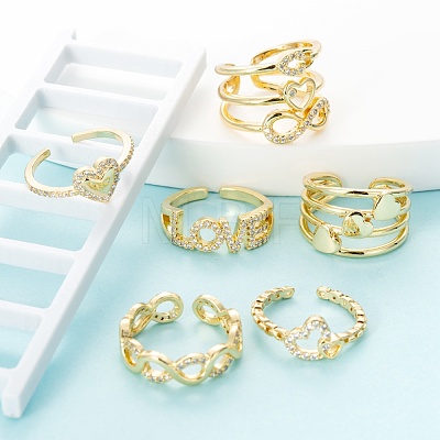 6Pcs 6 Styles Brass Micro Pave Clear Cubic Zirconia Cuff Rings RJEW-LS0001-45G-1