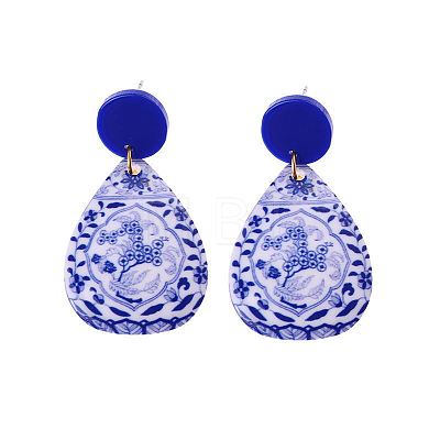Acrylic Blue and White Porcelain Printed Dangle Stud Earrings FS-WG917E7-08-1