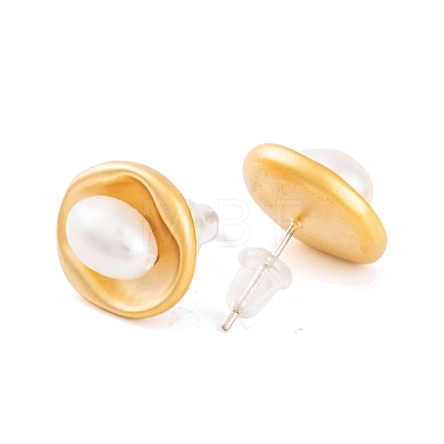 Flat Round Brass & Freshwater Pearl Stud Earrings for Women EJEW-G391-04MG-1