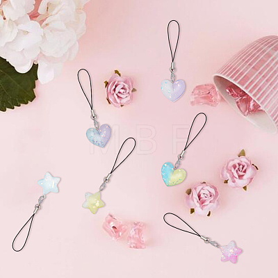 Gradient Color Translucent Resin Heart & Star Mobile Strap HJEW-PH01806-1
