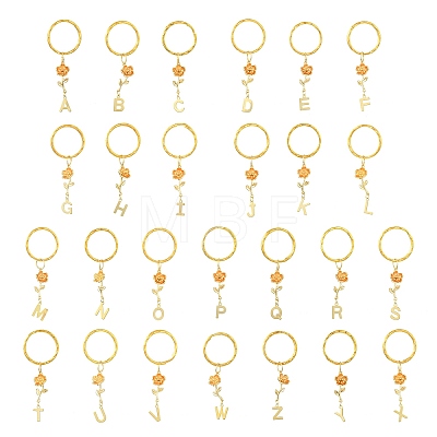 Brass Flower & 201 Stainless Steel Letter A~Z Pendant Keychain KEYC-JKC00801-1