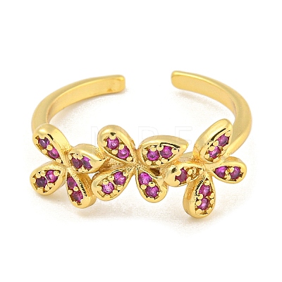 Flower Rack Plating Brass Micro Pave Cubic Zirconia Open Cuff Rings for Women RJEW-N047-01G-04-RS-1