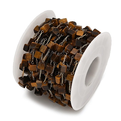 Handmade 304 Stainless Steel Tiger Eye Beads Cube Link Chains CHS-B011-02G-04-1