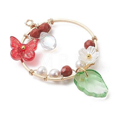 Faceted Round Natural Mixed Stone & Glass Butterfly & Plastic Flower Pendants PALLOY-JF05043-1