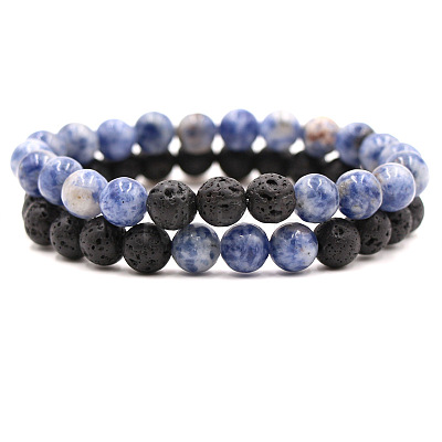 2Pcs 2 Styles Natural Blue Spot Jasper & Lava Rock Round Beaded Stretch Bracelets for Couple FS-WGA2A2E-09-1