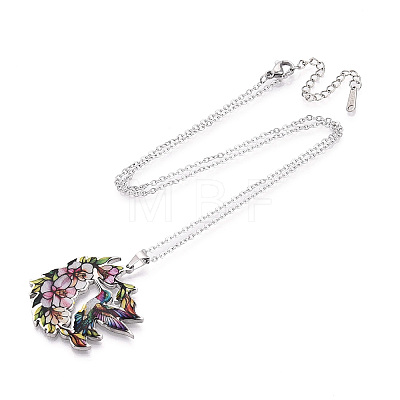 Printed 304 Stainless Steel Enamel Flower & Bird Pendant Necklaces NJEW-N063-03P-1
